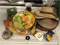 Large floral plastic bowls, jewelry boxes, hats