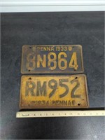 Pair of 33 & 34 PA license plates