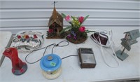 Clothes iron, bird feeders, welcome sign, misc