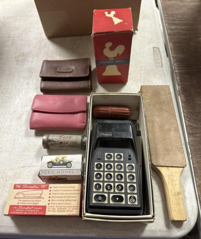 Misc lot of wallets, Sears calculator, bell, etc