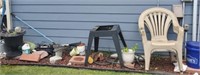 GROUP LOT- YARD TOOLS, SAW STAND, PLANTERS,