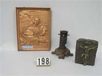 RELIGIOUS C.I. PLAQUE, STAND & WAX CANDLE: