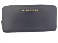 MK Navy Blue Saffiano Leather Zip Around Wallet