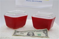 PAIR RED PYREX REFRIDGERATOR DISHES W/COVERS