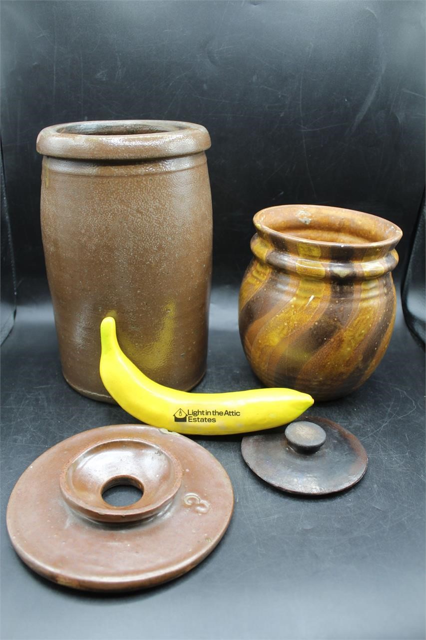 Vtg. Stoneware Crock, McCoy Striped Pottery Vase+
