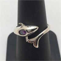 Sterling Silver Purple Stone Dolphin Ring