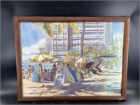 Print of a Hawaiian beach watercolor, framed, fram
