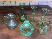 Green glass items - ashtray, mini pitchers,