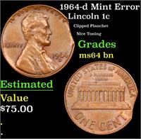 1964-d Lincoln Cent Mint Error 1c Grades Choice Un