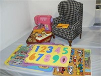 DOLL-SIZED WINGBACK CHAIR, FOAM PUZZLES, WOODEN