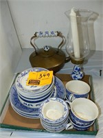 BLUE AND WHITE DISHES, COPPER KETTLE,