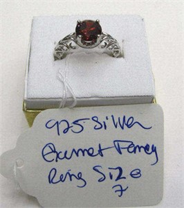 925 Silver Garnet Fancy Ring Sz 7