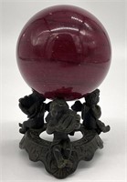 Red Stone Crystal Sphere Cast Iron Stand