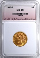 1882-S $5.00 GOLD LIBERTY, WHSG SUPERB GEM BU