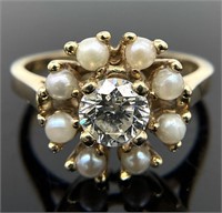 14K Gold Diamond & Pearl Ring, Size 6