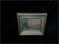 Antique framed watercolor on board Pastoral Scene