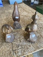Three hardwood carved quail, one hookbill