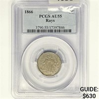 1866 Shield Nickel PCGS AU55 Rays