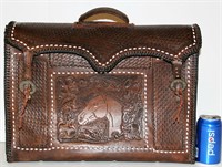 Tooled Leather Briefcase w Sterling Silver Buckles