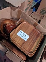 Box lot of wooden bowls and square plates/trays