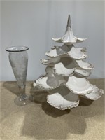 Ceramic jewelry/candy tree 18”, glass vase 12”