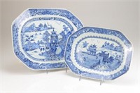 TWO CHINESE EXPORT BLUE & WHITE PORCELAIN PLATTERS