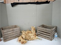 2 WOODEN CRATES & CORN HUSKS