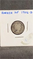 1906 D Barber Dime 10 Cent US Silver Coin