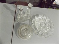 GLASS CRUETS, BUTTER DISH & PLATTERS