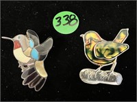 2 Bird Pins: one engraved, one enamel