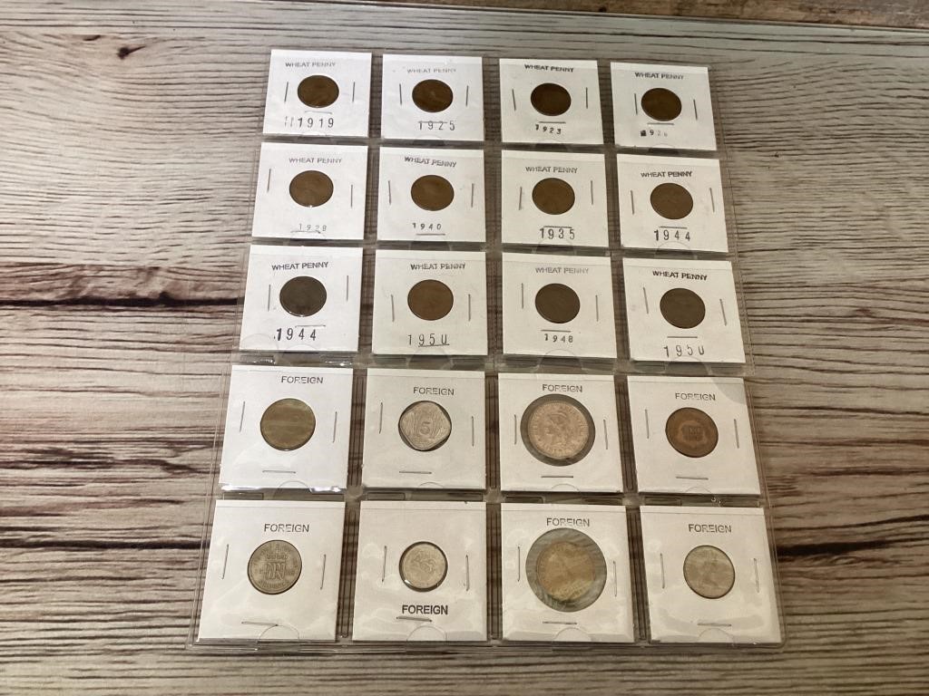 Wheat penny and foreign coins