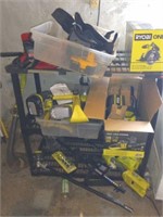 Cordless Ryobi tools and shelving Etc