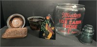 Folk Art Painted Iron, Adv Minter’s Jar, Pottery.