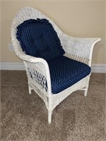 White Wicker Patio Chair with Blue Cushions