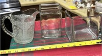 cut glass pitcher (has crack) & square glass vases