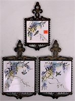 3 iron trivets - bird painted tiles, 6.5" x 11" an