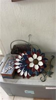 Hanging metal flowers, pottery box, plant hook
