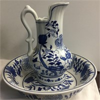 Classic Blue and White Iron Stone Pitcher and Bowl