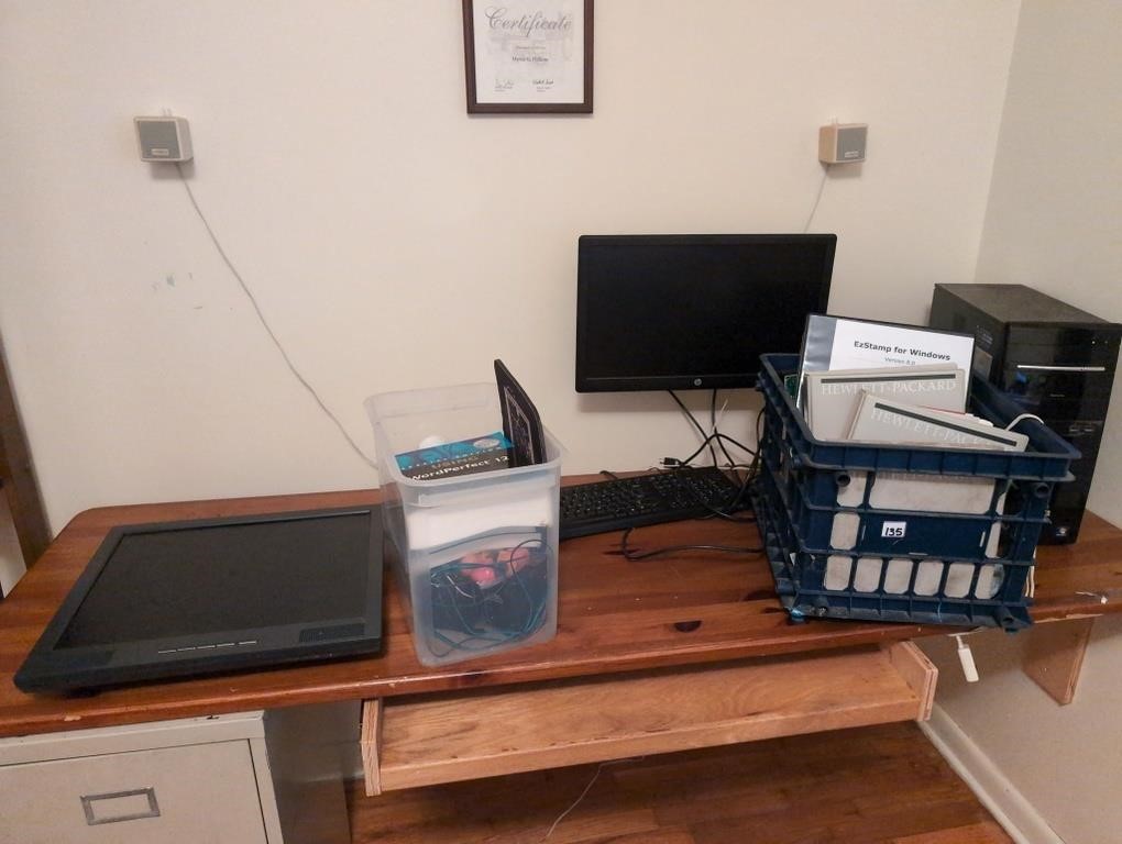 HP computer, books, monitor, assortment of items