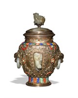 Mongolian Silver Urn with Jade, Coral, Lapis etc