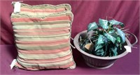 Pair Of Green/Rust Pillows & Vintage Colander w/