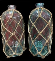 Pair Aqua Glass Netted Rope Vases