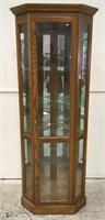 Tall Oak & Mirror Lined Lit Corner Curio Cabinet