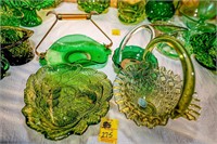 (3) Green Glass Baskets and a Green Leafed Glass