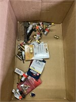 box lot of air fittings, lag bolts, and hardware