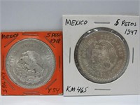 1947, 1948 Mexico 5 Pesos silver