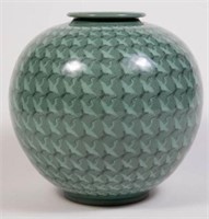 Korean Celadon 10"  Vase w/ Flying Cranes.