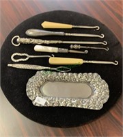8  buttonhooks, Silver plate tray,one with mother