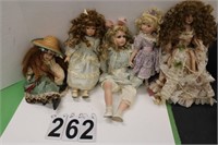 5 Porcelain Dolls 1 w/ Green Dress