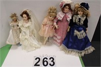 5 Porcelain Dolls 1 w/ Blue Dress